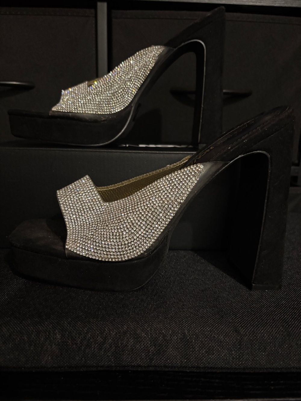Crystal-Embellished Black Platform Mule - Women's Size 10